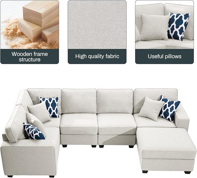 L Lengend Vansen Modular Sectional Sofa U Shaped Couch with Ottoman Modern Reversible Corner Sectional Couch for Living Room (Cream, U Shaped Sofa-1)-CasaMuseHome