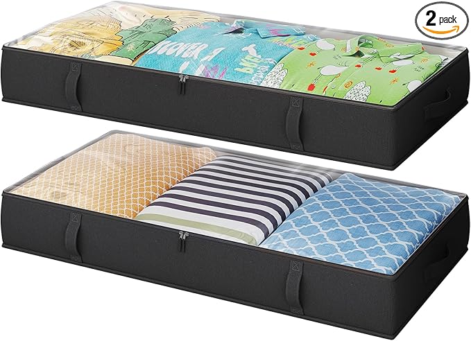 2-Pack Under Bed Storage, 6 Inches Tall Closet Organizers and Storage Bins with Sturdy Sidewalls/Bottom/4 Handles, Black-CasaMuseHome