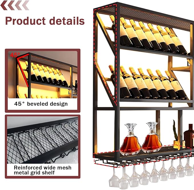 70.8Inch Wall Mounted Wine Rack, 3 Tiers Large Bar Shelves with 18 Glass Holder, Metal Wine Bottle Display Shelf, Modern Iron Liquor Shelf, for Kitchen Dining, Home Bar, Cellar (70.8" W)-CasaMuseHome