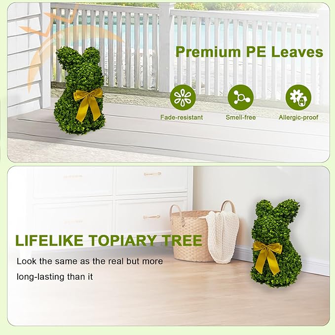 2 Pcs Artificial Bunny Shaped Topiary Trees, Artificial Green Boxwood Bunny Decorations with Gold Bow, Perfect for Indoor & Outdoor Front Porch, Easter& Garden Decor (Bunny Tree Without Base)-CasaMuseHome