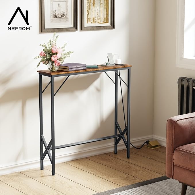 31.5‘’ Console Table, Skinny Entryway Table with Fast-Charging Station, Narrow Long Sofa Table, Behind Slim Couch Table for Entrance, Hallway, Living Room Decor ST-BR80-1-CasaMuseHome