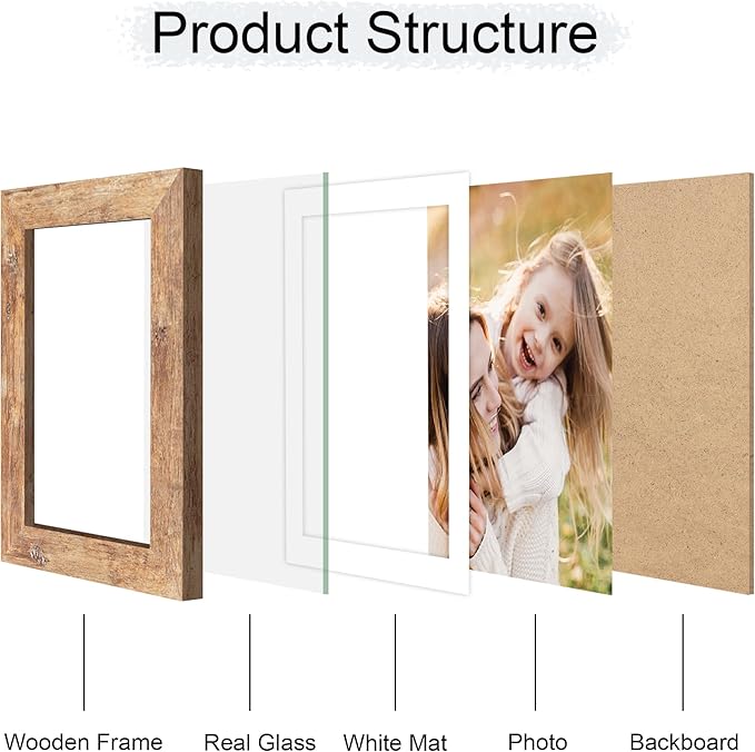 5x7 Picture Frame Set of 4, 5 x 7 Wood Photo Frames with Mat for 4x6, Natural Wooden Frame with Real Glass Cover for Wall and Tabletop Display,Brown-CasaMuseHome