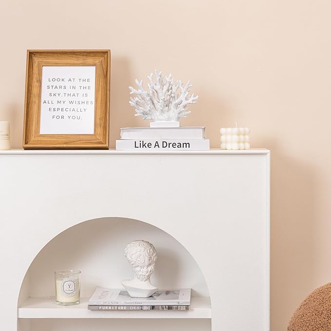 5.8" H White Coral Decor, Resin Coral Statue, Nautical Decorations for Home, Bedroom, Bathroom, Living Room, Beach/Coastal/Ocean Themed Cabinet Shelf Tabletop Decor-CasaMuseHome