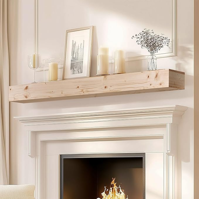 72x8x5 Fireplace Mantel - Handcrafted Hollow Rustic Solid Wood Wall Mounted Floating Shelf with Invisible Heavy Duty Wood Bracket (DIY Color)-CasaMuseHome