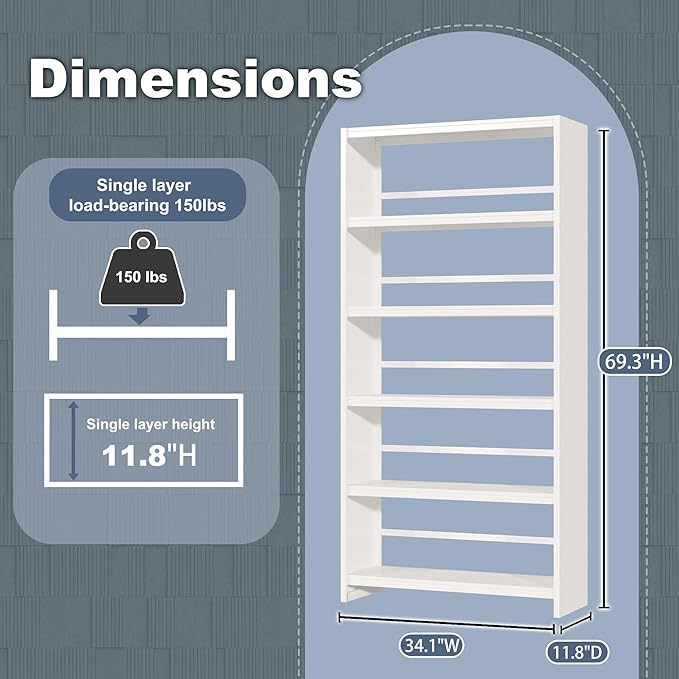 69" Tall Bookcase, 5-Tier Wide Bookshelf, Library Book Case with Display Shelf, Lightweight Metal Bookshelves, Industrial Book Shelf for Home, Office, Library, and School (White)-CasaMuseHome
