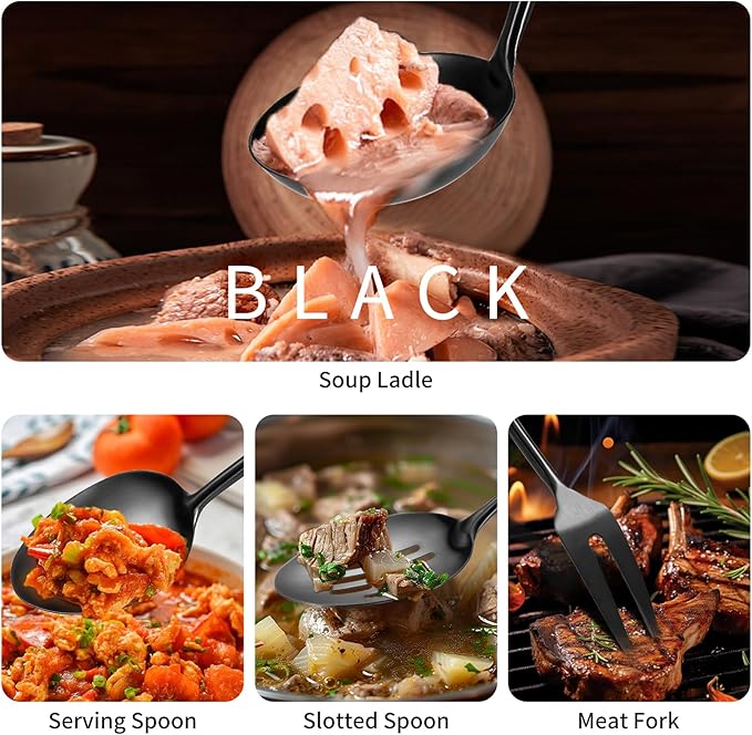 304 Stainlss Steel Matte Kitchen Utensils Set, 12 Pcs Long Metal Cooking Utensil Gadgets Tools Set with Spatula, Ladle, Spoon, Ladle, Skimmer, Tunner, Pasta Server, Tongs(Black, Dishwasher Safe)-CasaMuseHome