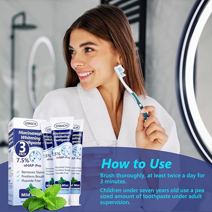 3 Pack Whitening Toothpaste,Fresh Breath Nano Hydroxyapatite Toothpaste for Remineralizing Enamel & Sensitive Relief,Whitening,Antiplaque,Natural Peppermint,Fluoride-Free-CasaMuseHome