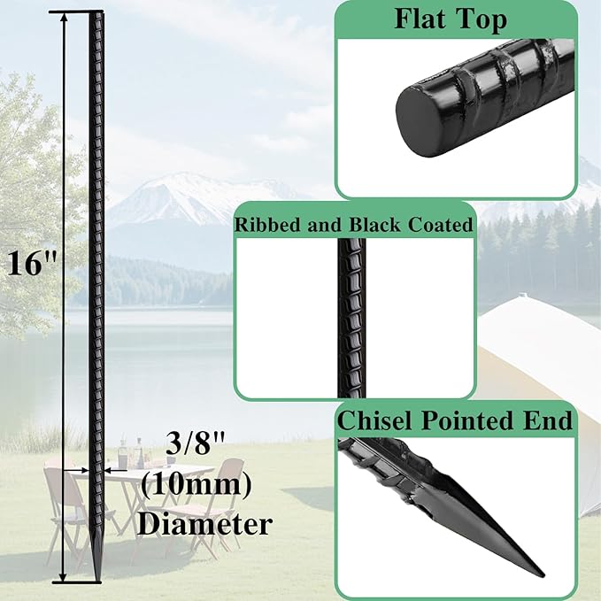 16 Inch Rebar Stakes 30 Pack Heavy Duty Ground Anchors with Chisel Point End Long Straight Steel Tent Stakes 3/8" Thickness Metal Spikes Black Coated for Concrete Timber Camping Garden Plant-CasaMuseHome