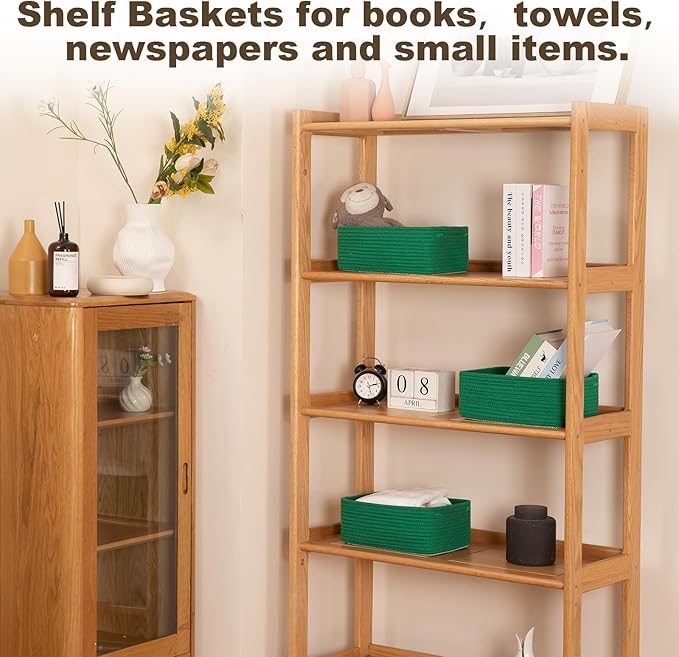 3 Pack Small Storage Baskets for Organizing, Cute Woven Decorative Gift Baskets for Shelves, Mini Closet Organizer Bins with Handles, 11.81''Lx7.87''Wx4.72''H-Green-CasaMuseHome