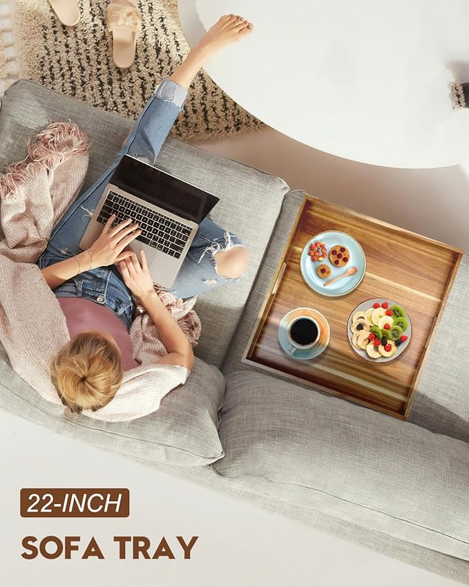 22 Inches Square Acacia Wood Ottoman Tray, Extra Large Wooden Serving Tray with Handles for Living Room, Serving Food Breakfast, Ottoman Coffee Table Couch Sofa Kitchen-CasaMuseHome