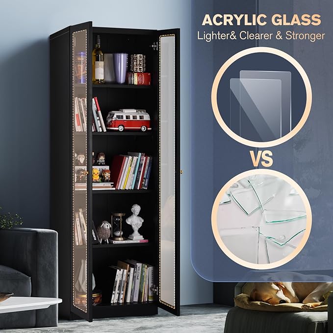 5 Tier Metal Curio Cabinets, 71" Tall Modern Bookshelf Cabinet with 4 Adjustable Shelves, Cabinet Display Case for Home Office, Living Room, Pantry, Assemble Required, Black-CasaMuseHome