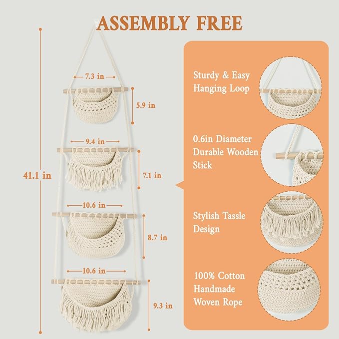 4 Tier Hanging Fruit Basket for Kitchen, Beige Boho Cotton Rope Crocheted Fruit Holder for Bathroom Bedroom, Detachable Wall Hanging Basket Shelves Over Door Organizer for Fruits Veggie Plant Decor-CasaMuseHome