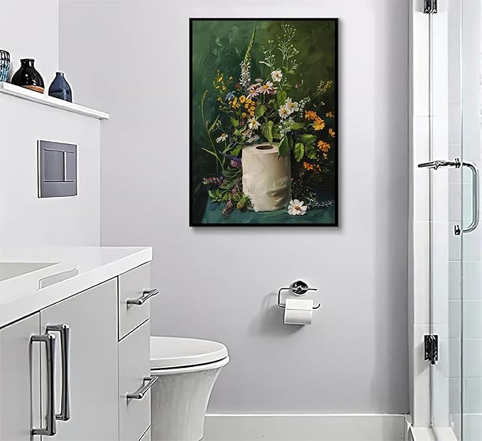 3Pcs Vintage Dark Green Bathroom Wall Art Shower Toilet Paper Roll Floral Poster Print Modern Farmhouse plants Painting Picture Wall Decor For Bathroom Living Room Decoration Unframed-CasaMuseHome