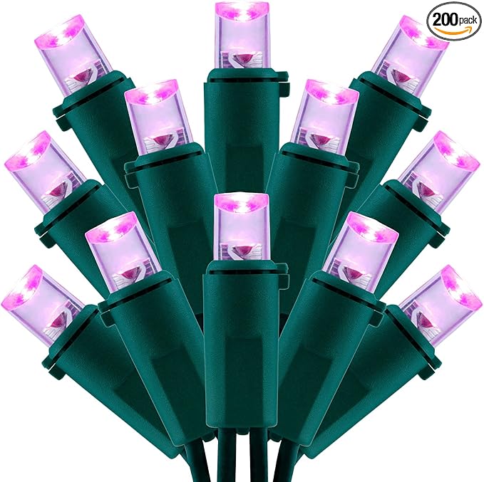 200 Count Pink Wide Angle LED Christmas Lights, 66 ft Green Wire UL Certified Commercial Grade 5mm Holiday String Light Set (Pink)-CasaMuseHome