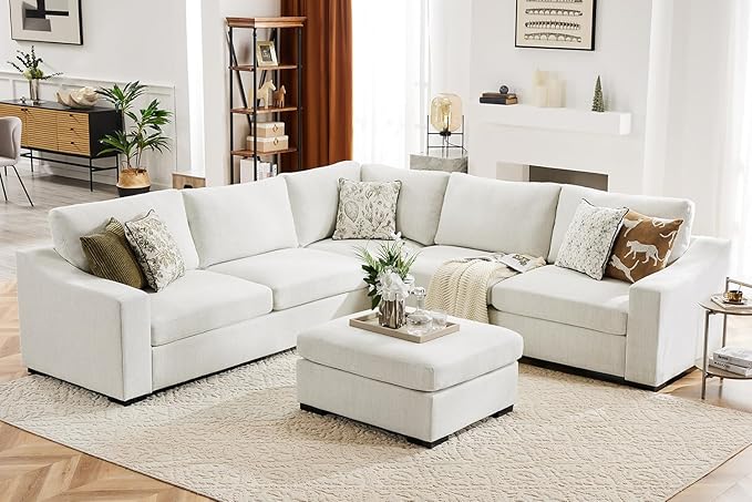112" Modular Sectional Sofa, Large 7 Seater L Shaped Couch with Detachable Sofa Cover, Movable Ottoman, Deep Seat Corner Couch for Living Room, Apartment - Linen Fabric, Ivory-CasaMuseHome