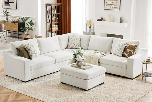 112" Modular Sectional Sofa, Large 7 Seater L Shaped Couch with Detachable Sofa Cover, Movable Ottoman, Deep Seat Corner Couch for Living Room, Apartment - Linen Fabric, Ivory-CasaMuseHome