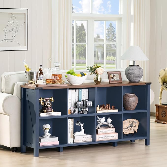8 Cube Book Shelf, Farmhouse Wood Long Storage Organizer Bookcase, 62" Horizontal Navy Blue Console Closet Bookshelf, Hallway TV Stand for Entryway, Display Cabinet Book Case for Living Room-CasaMuseHome
