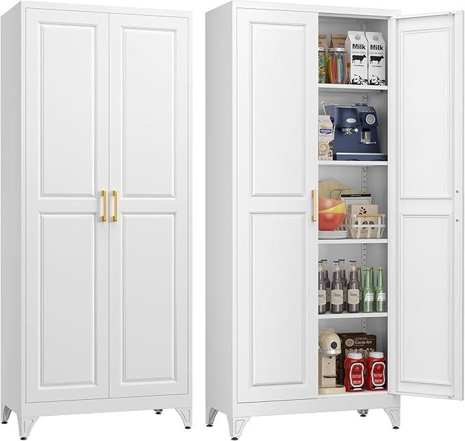 75" Storage Cabinet, Metal Pantry Cabinet, Kitchen Pantry Storage Cabinets with Doors and 4 Shelves, Cabinets for Laundry Room, Living Room, Dinning Room, Assembly Required, White-CasaMuseHome