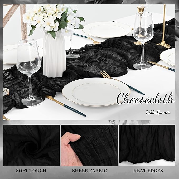 10FT 12 Pack Black Cheesecloth Table Runner 20 x 120 Inch Long Boho Fabric Rustic Cheese Cloth Table Runner for Wedding Bridal Shower Baby Shower Gauze Sheer Birthday Party Table Decorations-CasaMuseHome