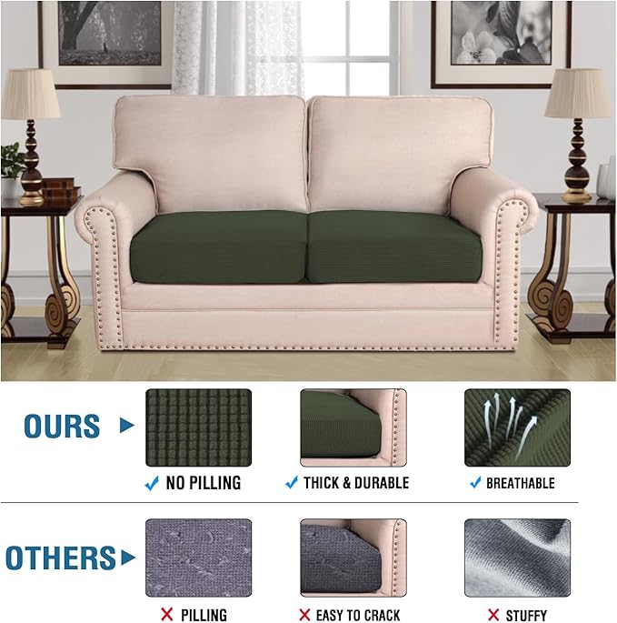 H.VERSAILTEX Super Stretch Individual Seat Cushion Covers Sofa Covers Couch Covers Slipcover Sets Thick Jacquard Textured Twill Fabric (2 Piece Large Sofa Cushion Covers, Olive)-CasaMuseHome
