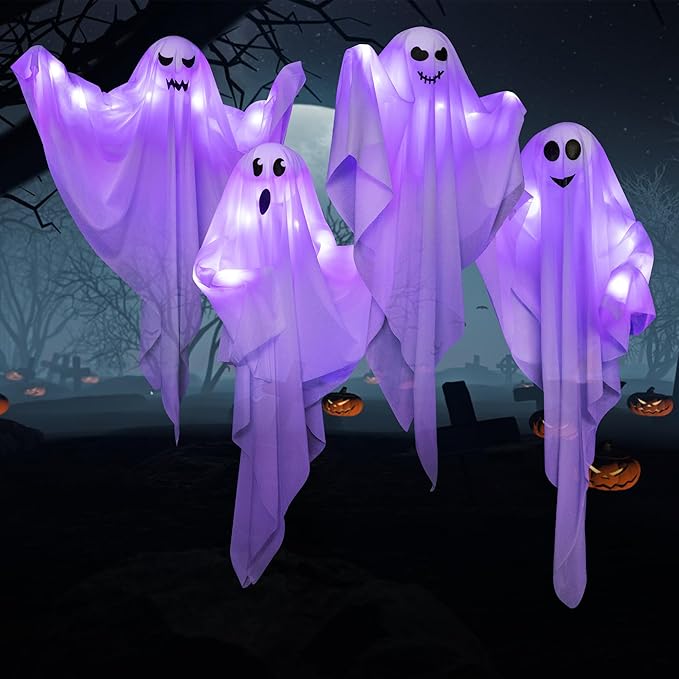 4 Pack Halloween Hanging Ghosts with LED Lights, 27.5 Inch Light Up Ghost Decorations for Indoor Outdoor, Lawn Yard Tree Hanging Halloween Ornaments, Spooky Lighted Party Supplies-CasaMuseHome