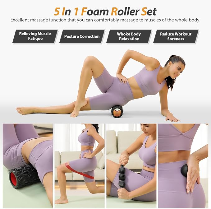 5 in1 Foam Roller Set, Trigger Point Foam Roller, Massage Roller Stick, Massage Ball, Resistance Band for Deep Muscle Massage Pilates Yoga,Fitness Exercise for Whole Body (Pure Black)-CasaMuseHome