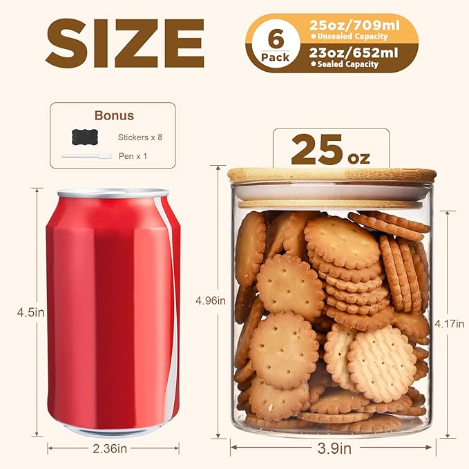 25oz Glass Food Storage Jars, Glass Jars with Bamboo Lids, Kitchen Storage Jars, Set of 6, Canisters with Airtight Lids for Spice, Coffee, Cookie, Pantry Organizers-CasaMuseHome