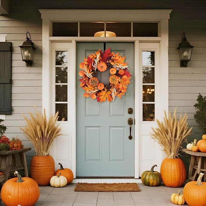 20 Inch Thanksgiving Fall Wreath, Berries Pumpkins Maple Leaves Pine Cones Autumn Wreaths with Hook for Front Door, Fall Decor, Porch Wall Home Outdoor Holiday Decorations Wreath for Autumn-CasaMuseHome