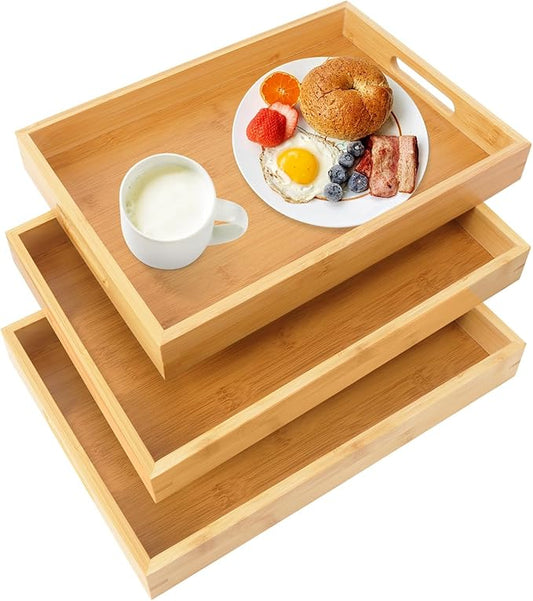 3 Pack Large Bamboo Serving Tray with Handles, 14 x 10 inch Wooden Dinner Tray, Home Kitchen Breakfast Trays for Living Room Bedroom Kitchen Dinner Table, Picnic-CasaMuseHome