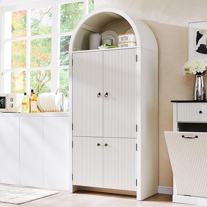 71" Tall Arched Bathroom Storage Cabinet, Modern Fluted Storage Cabinet w/Doors, 3 Adjustable Shelves, 6 Door Shelves, Wood Freestanding Cabinet for Bathroom, Entryway, Hallway, Antique White-CasaMuseHome