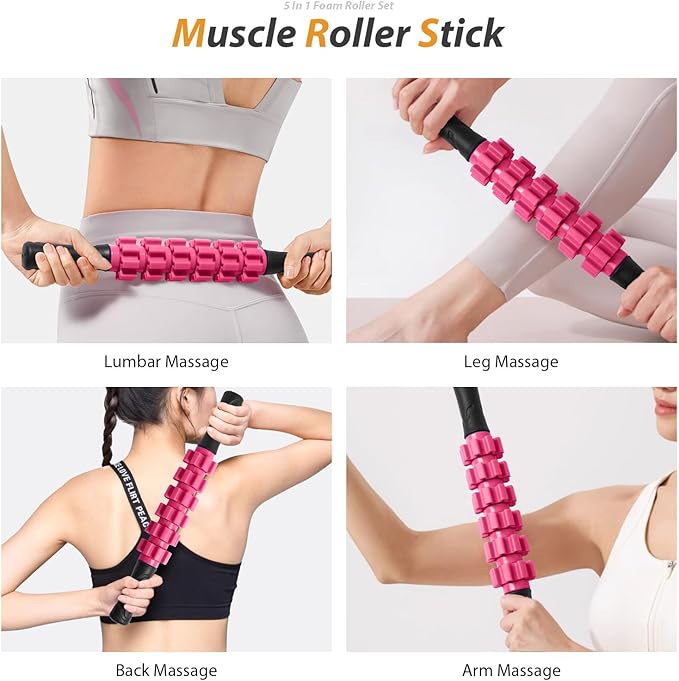 5 in 1 Foam Roller Set for Deep Tissue Muscle Massage, High Density Fitness Exercise Foam Roller, Massage Roller, Massage Ball, Resistance Band, for Whole Body (Pink-Black)-CasaMuseHome