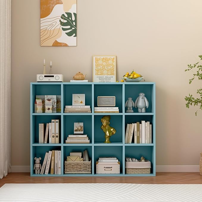 12-Cube Storage Shelf Bookcase - Wooden 3-Tier Floor Standing Open Bookshelf for Home and Office, Display Cabinet, Light Blue-CasaMuseHome