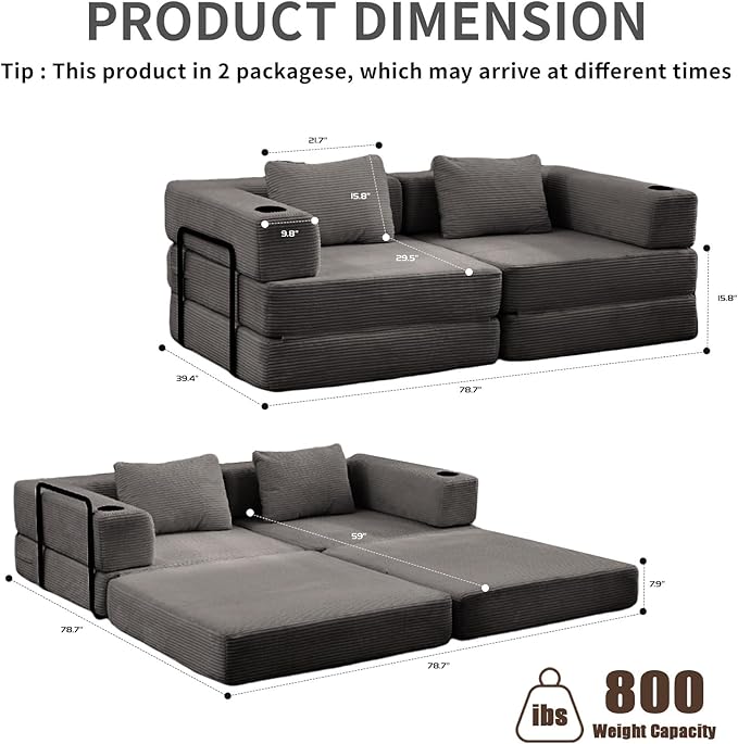 78" W Loveseat Sofa, 4 in 1 Convertible Floor Sofa Bed, Boneless Cloud Couch with Cup Holder, Fold Out Floor Couch, Loveseat Recliner Sleeper for Living Room Bedroom Lounge(Corduroy, White)-CasaMuseHome