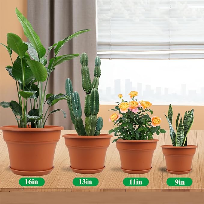 13 Inch Plastic-Flower-Pot-for-Indoor-Plants, 4 Pack Large Outdoor Planter Pot with Drainage Holes & Saucers, Resin Decorative Garden Pots Planters-CasaMuseHome