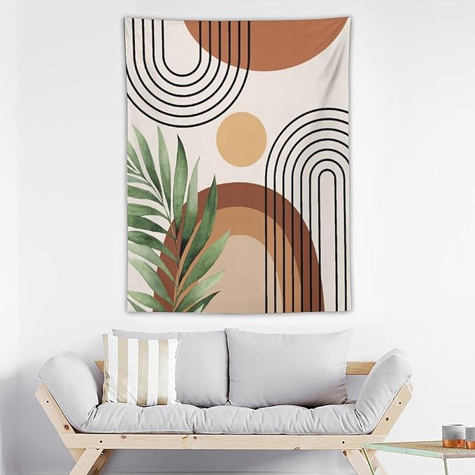 Abstract Bohemian Mid Century Tapestry, Tropical Leaves Modern Geometric Archway Minimalist Bohemian Botanical Aesthetic Wall Hanging, Sage Green Gold Home Decor Art for Bedroom 40x60 Inch-CasaMuseHome