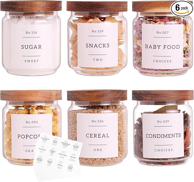 6 Set Glass Pantry Storage Jars with Acacia Airtight Lid - 15oz Thicken Glass Kitchen Canisters with 132 Pantry Labels - Clear Glass Food Storage Containers with Wood Lid for Tea,Sugar,Spice,herbs-CasaMuseHome