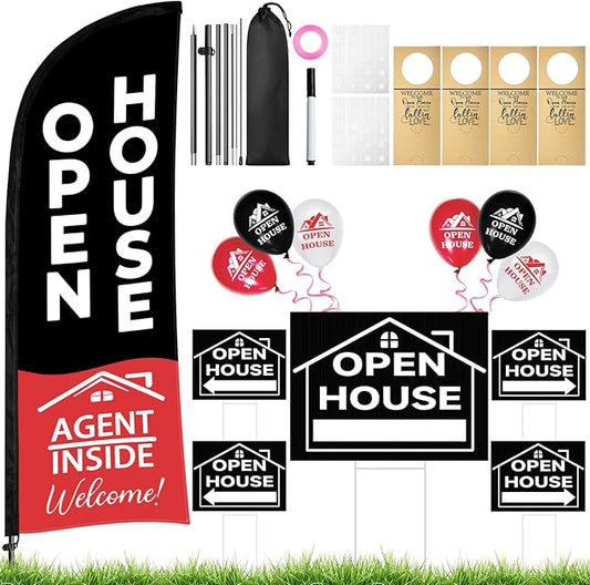 44 Pcs Open House Signs for Real Estate, Double Sided Open House Flag Kit, 7.6 x 5.4 Ft Black Banner Flag Poles Set for Outside, Directional Arrows Sign Stakes Balloons for Open House Supplies-CasaMuseHome