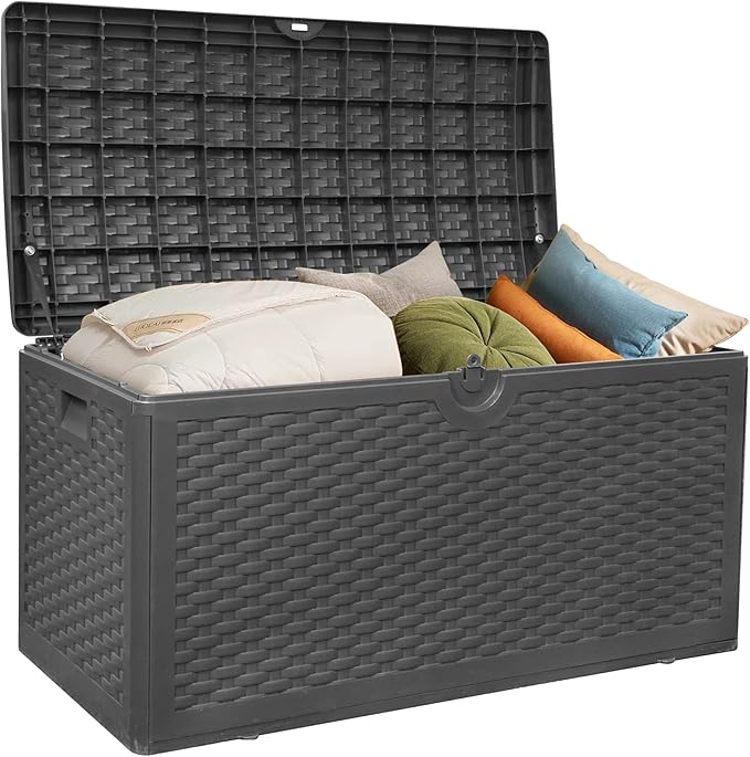 80 Gallon Plus Outdoor Storage Box Waterproof Lockable Resin Deck Box Large, Patio Storage Bin for Pool Accessories Cushion Furniture, Garden Tools, UV-Resistant Outside Delivery Black-CasaMuseHome