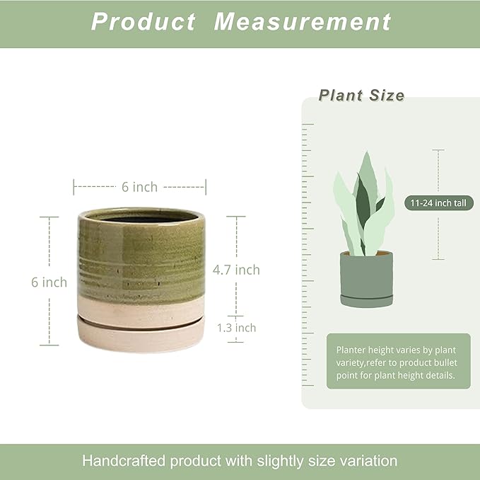 6 Inch Plant Pots, Ceramic Planter Pot with Drainage Hole & Saucer, Indoor/Outdoor Cylinder Round Planter Pot, Green & Beige-CasaMuseHome