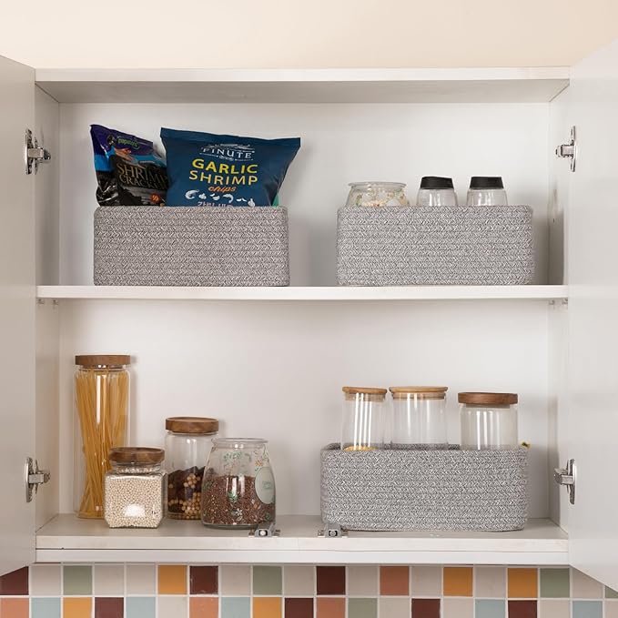 3 Pack Small Storage Baskets for Organizing, Cute Woven Decorative Gift Baskets for Shelves, Mini Closet Organizer Bins with Handles, 11.81''Lx7.87''Wx4.72''H-Grey-CasaMuseHome
