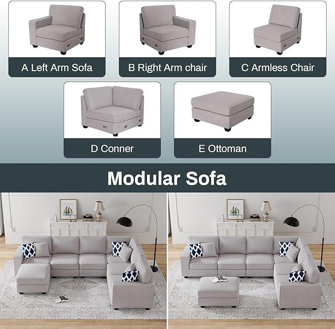 L Lengend Vansen Modular Sectional Sofa U Shaped Couch with Ottoman Modern Reversible Corner Sectional Couch for Living Room (Light Grey, U Shaped Sofa-2)-CasaMuseHome