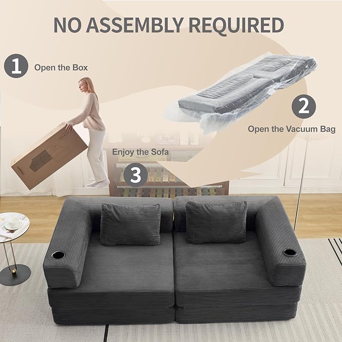 78" W Loveseat Sofa, 4 in 1 Convertible Floor Sofa Bed, Boneless Cloud Couch with Cup Holder, Fold Out Floor Couch, Loveseat Recliner Sleeper for Living Room Bedroom Lounge(Corduroy, White)-CasaMuseHome