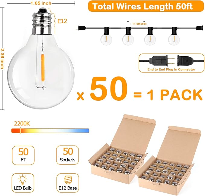 50FT LED G40 Globe String Lights, Shatterproof Outdoor Patio String Lights with 50+2 Dimmable Edison Bulbs, 50 Backyard Hanging Bistro Light Waterproof for Balcony Party Wedding Market Cafe-CasaMuseHome