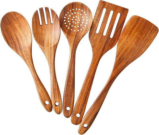 5 Piece Wooden Spoons for Cooking - Natural Finish Wooden Cooking Utensils - Soft Grip Wood Spoons - Non-Stick Wooden Spoons-CasaMuseHome
