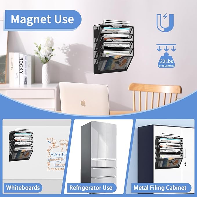 5-Tier Magnetic File Holder, No Drilling Installation File Cabinet Organizer, Black Magnetic File Organizer, Magazine Rack, Magnetic Paper Holder for Refrigerator, File Cabinets, Whiteboard-CasaMuseHome