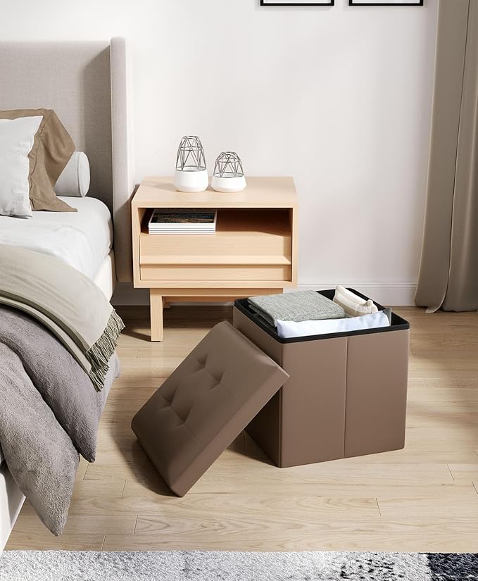 15 Inches Small Folding Storage Ottoman Cube, Storage Footrest, Foot Rest Stool, for Living Room, Bedroom, Dorm, Hallway, Entryway, Brown-CasaMuseHome