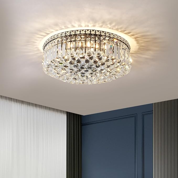 6-Lights Black Crystal Flush Mount Chandelier Light Fixture K9 Crystals Modern Ceiling Lights Elegant Pendant Lamp for Bedroom,Hallway,Bar,Living Room,Dining Room,H5.9 xW20 (Bulbs Not Included)-CasaMuseHome