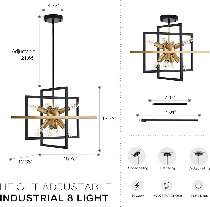 15.8'' Black Gold 8-Light Sputnik Chandelier Modern Industrial Adjustable Hanging Geometric Pendant Light Fixture for Entryway Foyer Stairway Hallway Bedroom Living Room Kitchen Island-CasaMuseHome