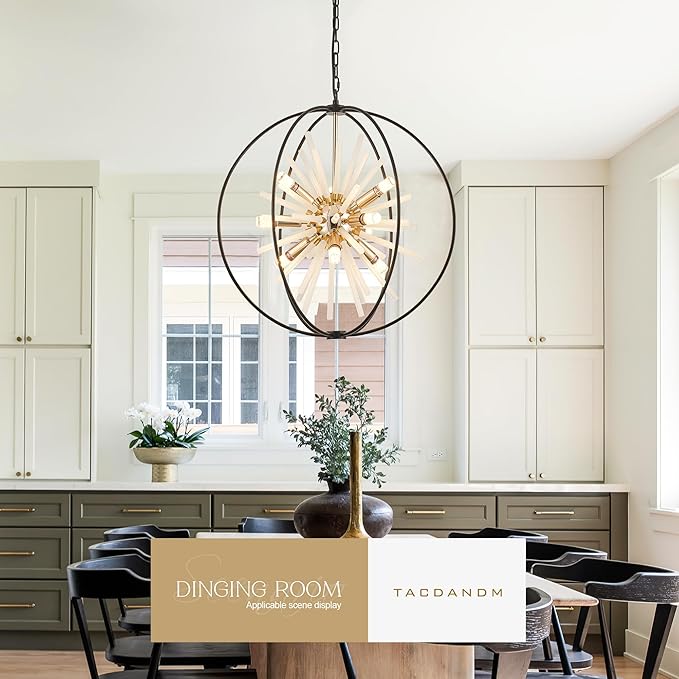 23.6" Black Gold 12-Light Globe Sputnik Chandelier Modern Adjustable Hanging Ceiling Glass Tube Pendant Light Fixture for Entryway Foyer Staircase Dining Living Room Hallway-CasaMuseHome