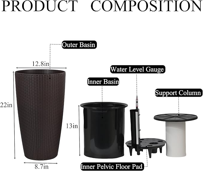 2Pack 22" High Modern Plant Pots Planter-Self-Watering Indoor/Outdoor Planting with Drain Holes, Water Level Monitor, Inner Bucket for Front Porch Patio, Brown Rattan Conical-CasaMuseHome